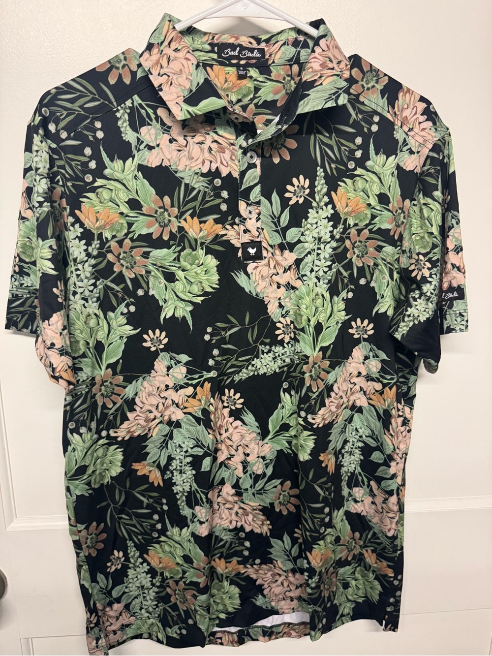 Bad Birdie Men's Floral Polo Shirt - Black with Green & tan Floral